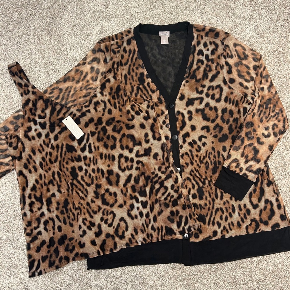 Chicos Leopard Animal Print Mesh Tank Top & Cardigan Twin Set Size 2 Black Brown